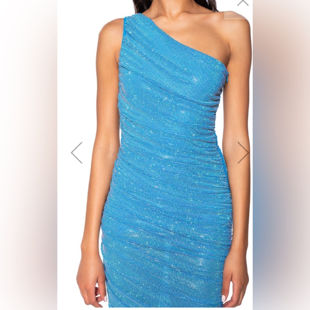 AKIRA She’s That Girl Rhinestone embellished one shoulder ruched Midi Dress Blue
